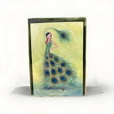 Papyrus Bella Pilar Blank Note card / Envelope Glitter Peacock Dress Set of 12