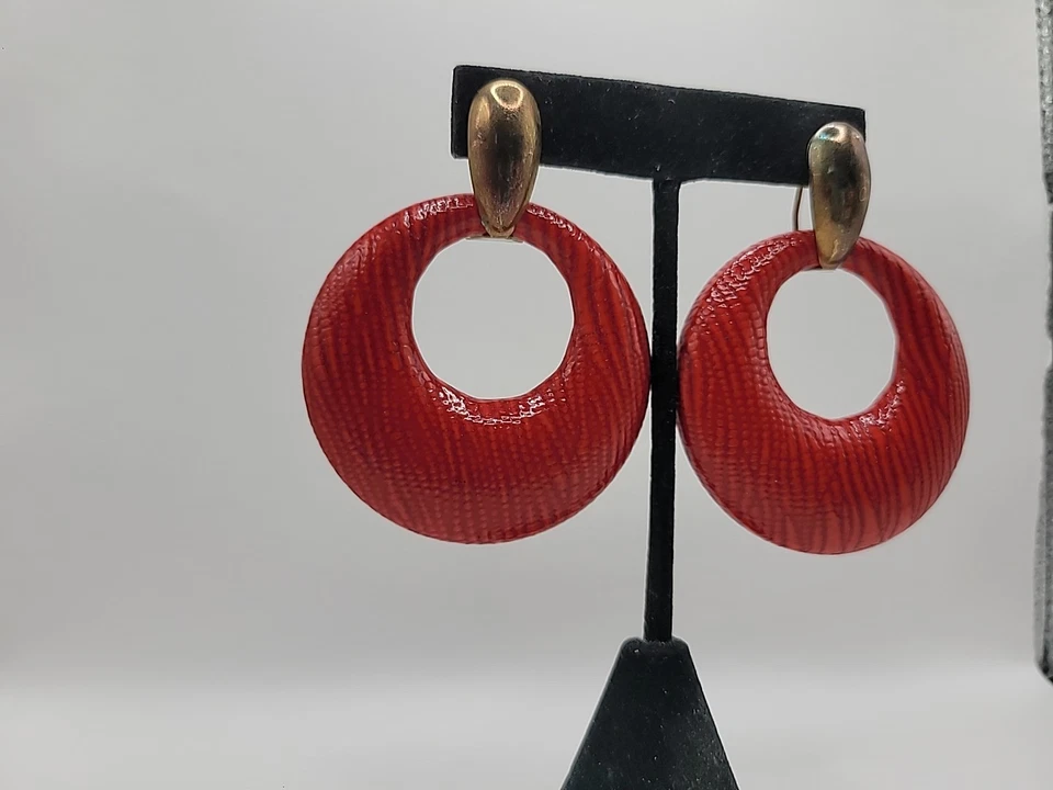Vintage Earrings Pierced Red Hoops Gold Tone Jewelry Costume - Image 4 of 4