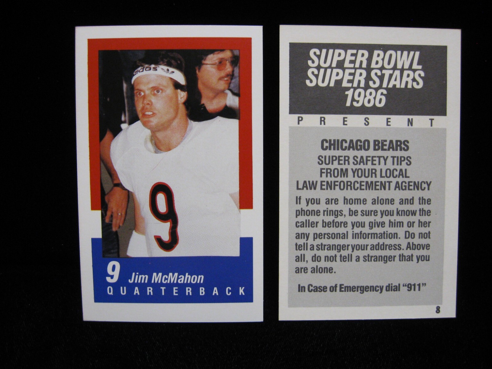 1986 Jim McMahon Chicago Bears S.B. XX Police Super Stars Card #8 | eBay