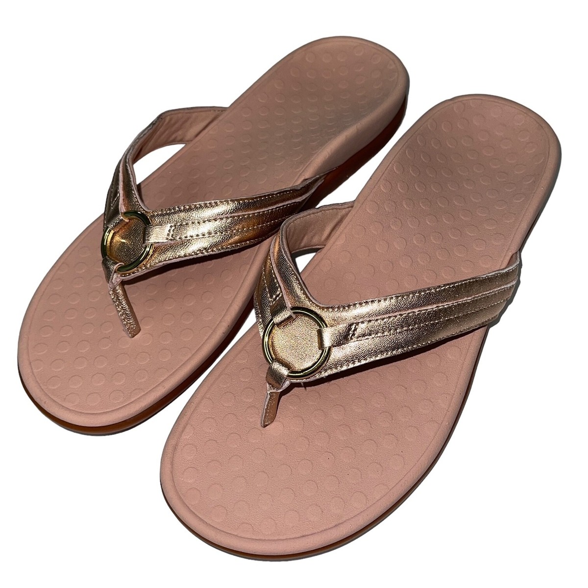 Vionic Sandals Womens 11 Pink Gold Metallic Tide Aloe Leather Thong Flip  Flops