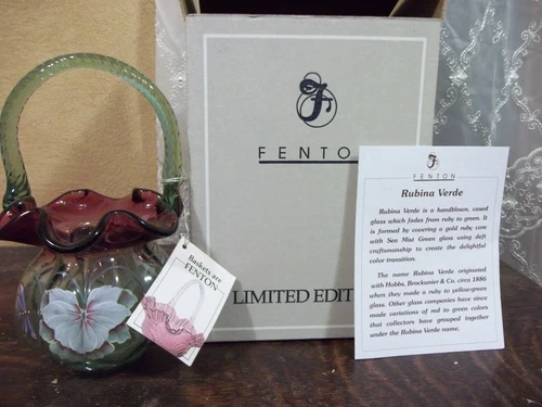 1997 Fenton RUBINA VERDE Historical Collection MELON BASKET Dragonfly SIGNED