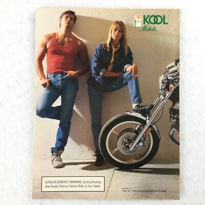 KOOL Milds 80s VINTAGE PRINT AD Cigarette Smoking Sexy Couple Motorcycle  Jeans