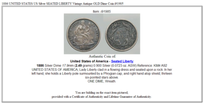 1886 UNITED STATES US Silver SEATED LIBERTY Vintage Antique OLD