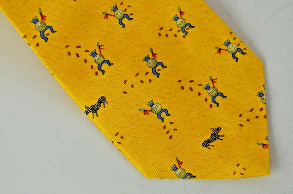 Bulgari Corbata Amarilla Cebras Guerreros Africanos Italia Seda 56.75" x 4" Cuello Pizzigoni Foto 2 de 4