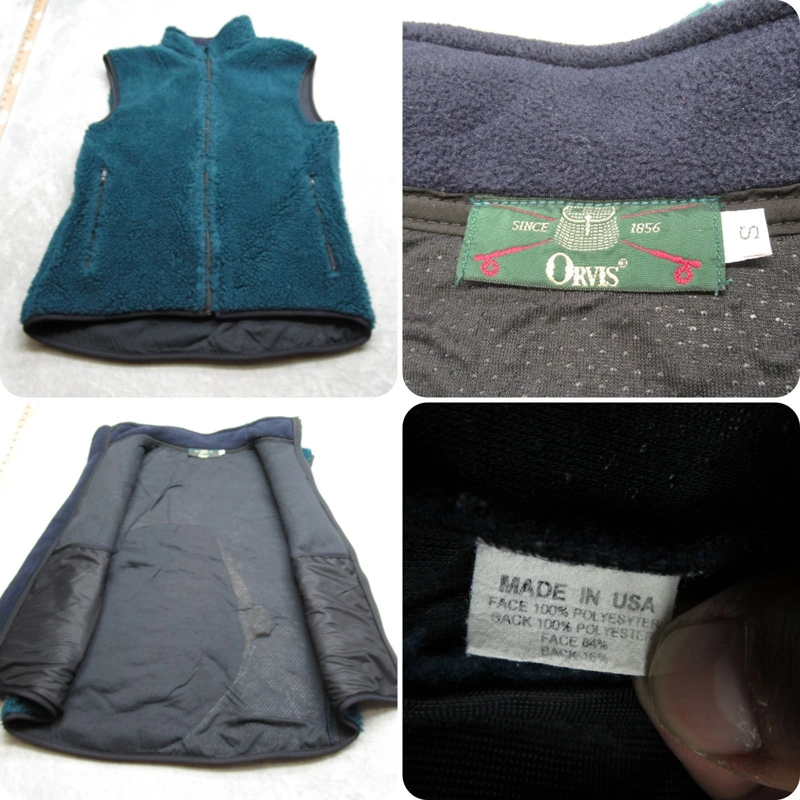 Orvis Vest Mens Small Dark Turquoise Pockets Fuzzy Fleece Full Zip USA Made VTG