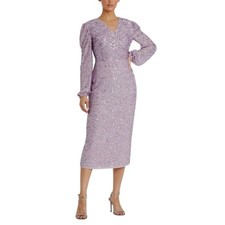 Mac Duggal 107641 Purple Cocktail Dress Sequined Long Sleeve Midi Sheath Size 8