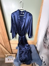 VTG. Frederick s Of Hollywood Liquid SatinPeignoir Set Navy Blue Robe Gown Small