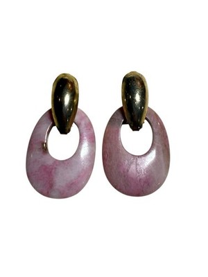 Vtg Pink Marbled Dangle Earrings Gold Tone Teardrop Top Retro 80s Costume 2 