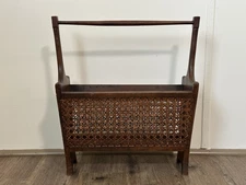 Vintage Mid Century Modern Wood Cane Magazine Rack Boho Home Decor