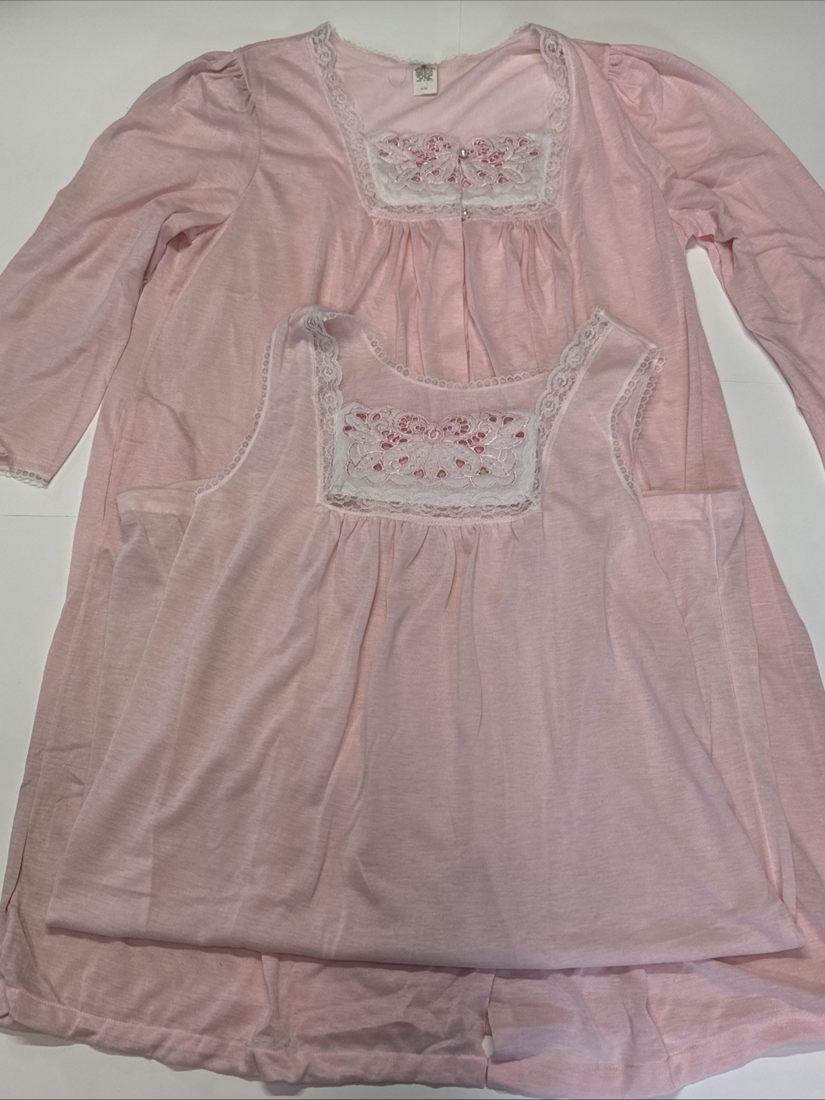Vintage 2 Piece Pink MED/LG Nightgown & Robe Set Embellishment Lace Trim Soft
