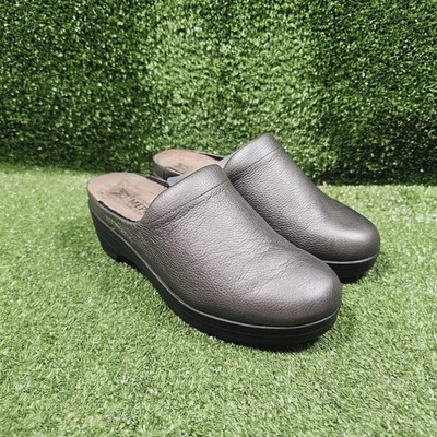 Mephisto Satty Metallic Grey Leather Slip On Comfort Clog Mules Womens 37 US 7