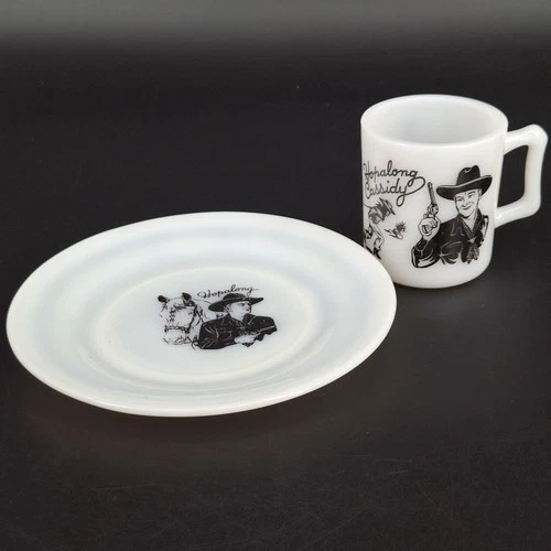 Hazel Atlas Vtg 1950s Black Hopalong Cassidy Childs Milk Cup/Saucer White Glass