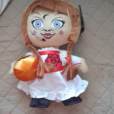 Annabelle Handmade Halloween Plush Doll Beige Brown Hair White Dress Red Ribbon