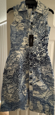 Akris Blue/White Map Print Shirt Dress 4 Sleeveless Collared Button-Front