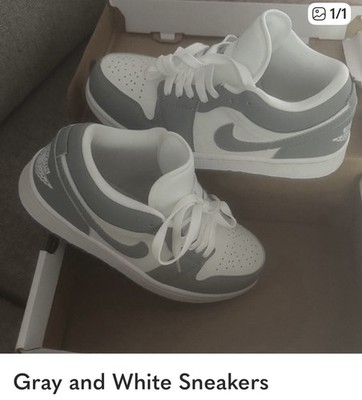 Jordan Air Jordan 1 Low Gray and White Leather Upper Lace Up Athletic Sneakers