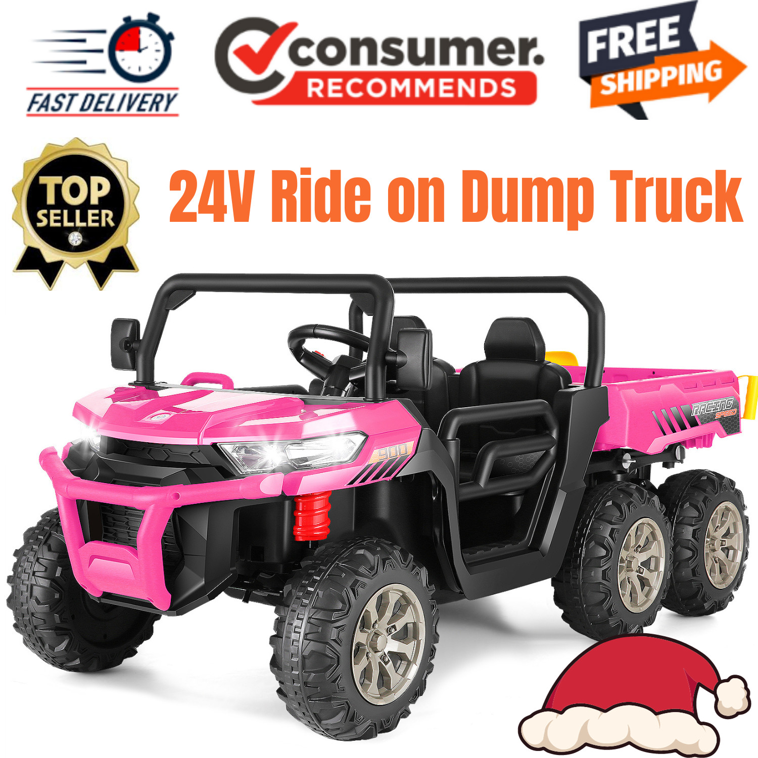 24V Battery Power Kids Ride On Car Electric Toy 2 Seats Dump Truck w/6 Wheels-