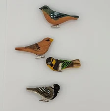 Lot of 4 Painted Carved Wood Bird Clip On Ornaments 2x3.5"