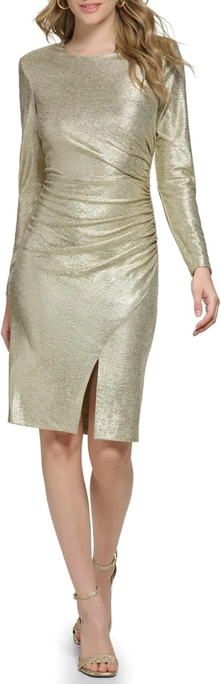 Vestido para mujer Eliza J estilo tejido metálico manga larga cuello joya, champán, 2 Foto 4 de 4