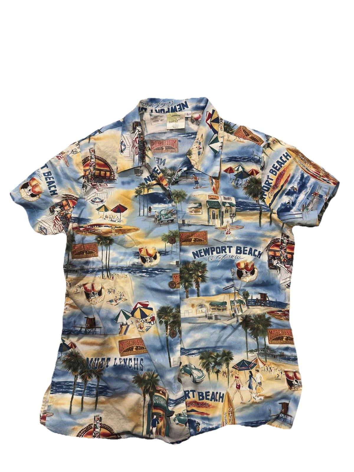 Mutt Lynch’s Newport Beach Shirt Womens L Hawaiian Camp Distressed Hoffman