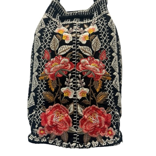 Johnny Was Los Angeles schwarz Leinen bestickt Blumen Kordelzug Eimer Handtasche - Bild 16 von 21
