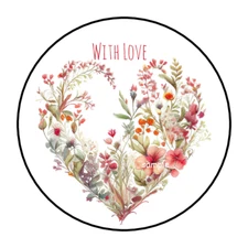 30 WITH LOVE ENVELOPE SEALS STICKERS LABELS TAGS 1.5" ROUND FLORAL HEART