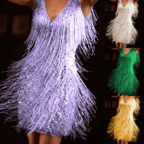 Womens Tassel Glitter Fringe Mini Dress Cocktail Evening Party Bodycon Ball Gown