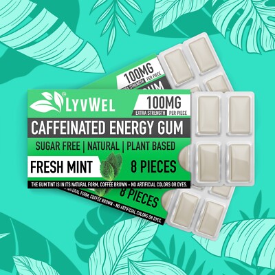 LyvWel All Natural Energy Focus Mint Fitness Gum 3 Packs Run jog 100mg Caffeine