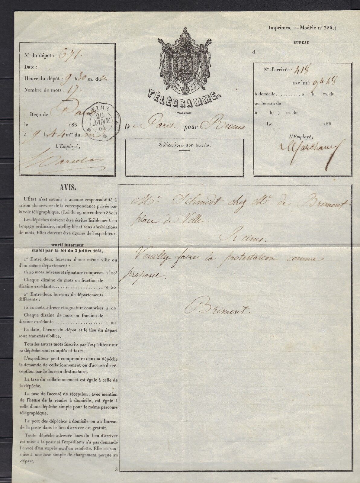 TELEGRAMME PARIS à REIMS  TB  JANVIER 1864 ..très  RARE Lage opwaardeerprijs