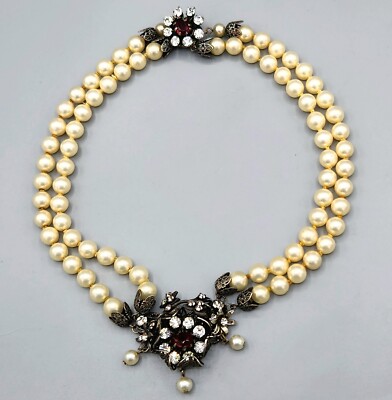 VTG Unsigned Robert or Haskell Style Faux Pearl Crystal Red Art Glass Necklace