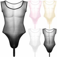Mens One-piece See Through Sheer Mesh Lingerie High Cut Leotard Singlet Jumpsuit