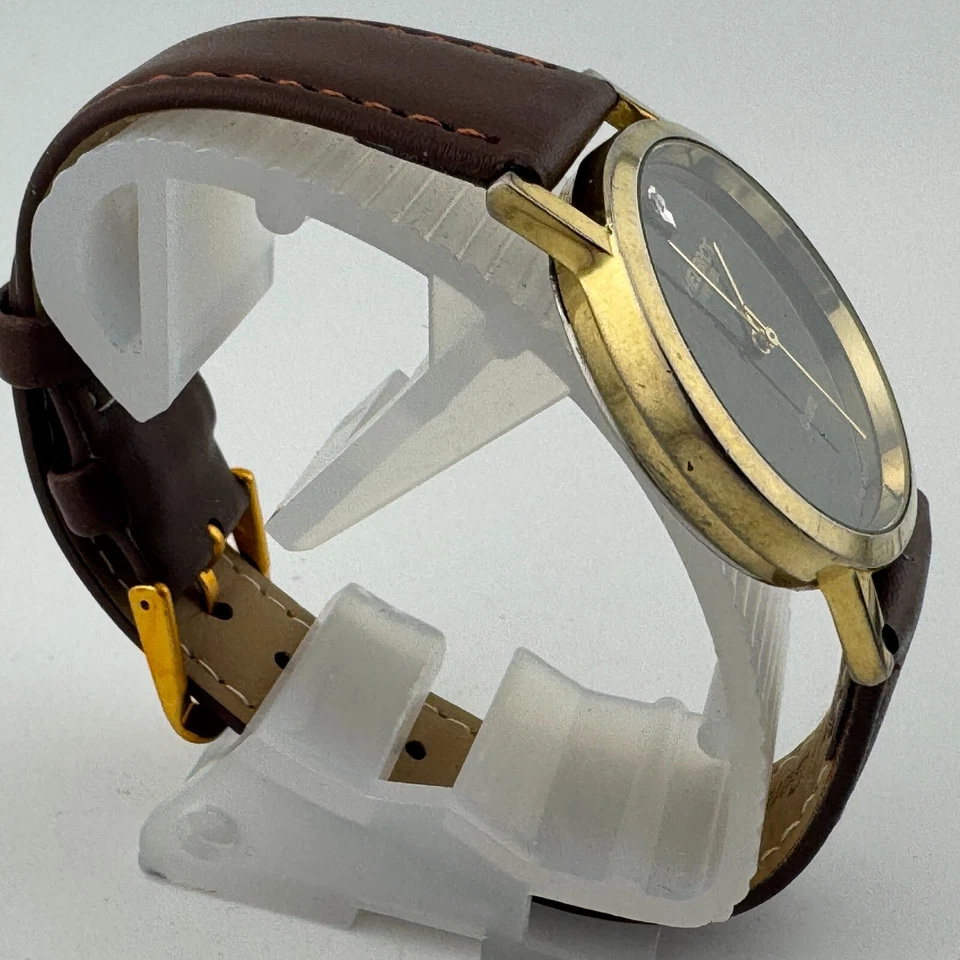 复古 Helbros 石英手表 男女通用 金色 黑色 钻石皮革 全新电池 — 第 3/4 张图片