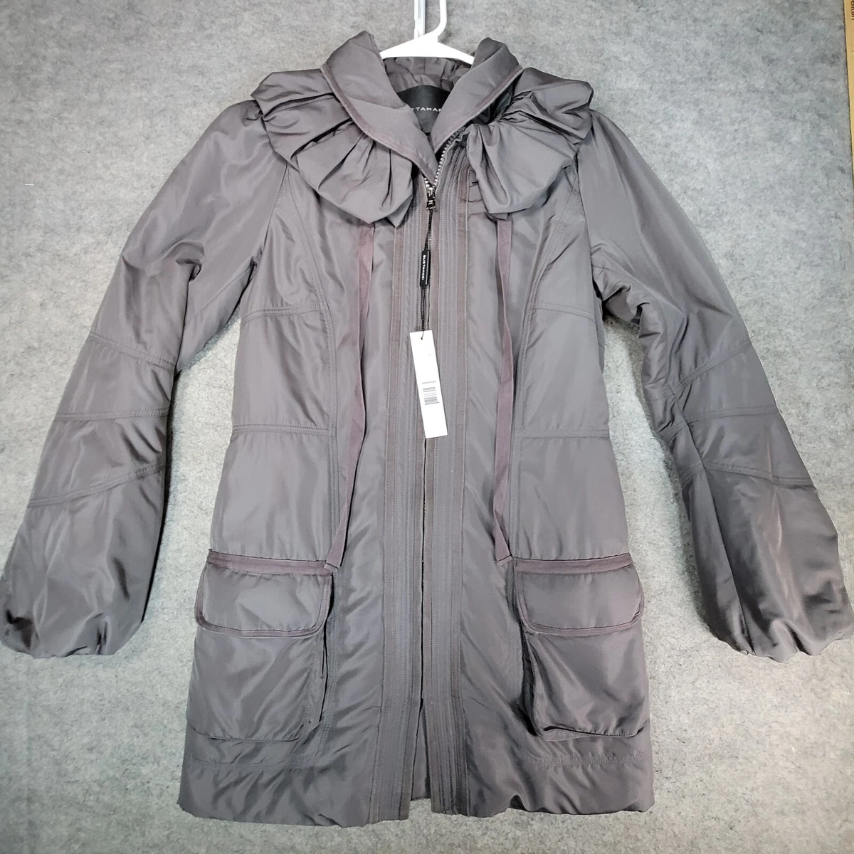 Elie Tahari Coat Womens Extra Small Gray Glenda Snap Zip Long Sleeve Pockets