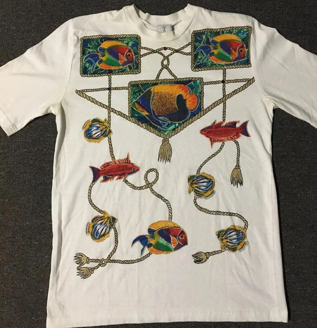 Vtg 90s Fish Shirt XL USA Sailing Nautical Ocean Beach Fishing Art Vaporwave Sea