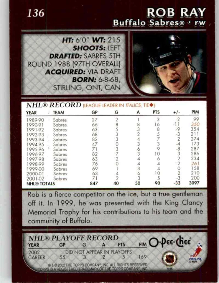 2002-03 O-Pee-Chee Rob Ray #136 - Image 2 of 2