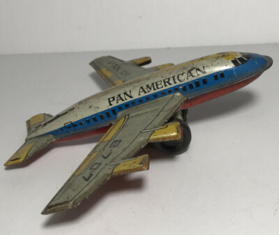 Pan Am Vintage Tin Toy Metal Friction Toy Plane Japan B707 Pan Am