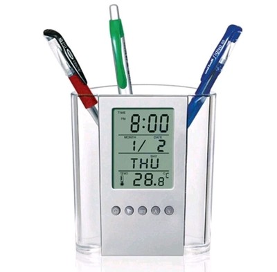 LCD Digital Alarm Clock Desk Pencil Pen Holder Organizer Thermometer Calendar