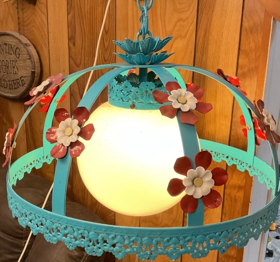 Vintage Chandelier Metal Tole Flowers Ceiling Light Swag Painted - Image 2 of 4