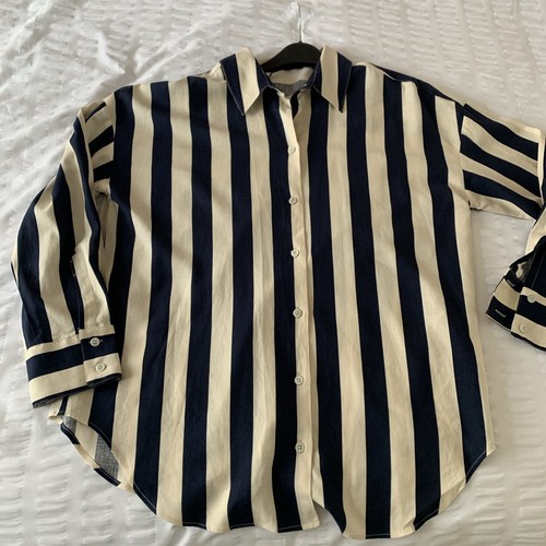 Zara Navy/ivory Striped Linen Blend Top Size S NEW - Picture 7 of 7