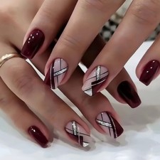 48pcs-Geometric Press on Nails, Medium Square Burgundy Red with Silver Accents