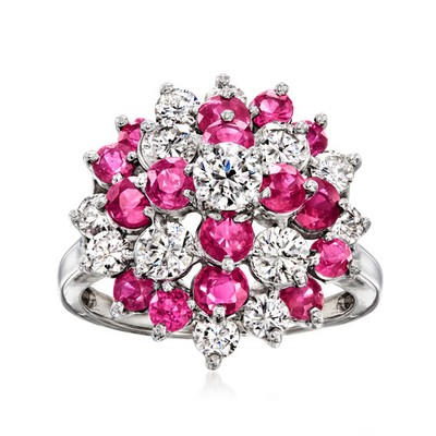 Vint Ruby & Diamond Swirl Rng in 14k White Gold Size 6.25