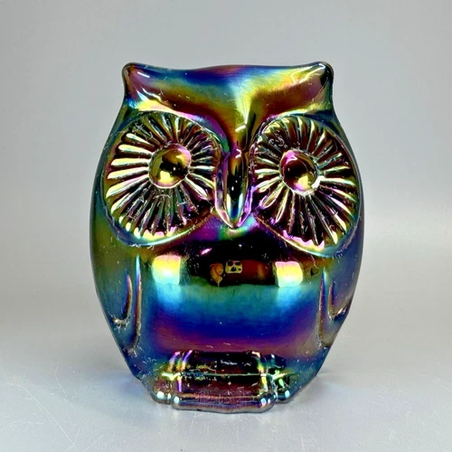 FENTON USA Glass 3" Hooty Owl Figurine Paperweight Carnival Iridescent