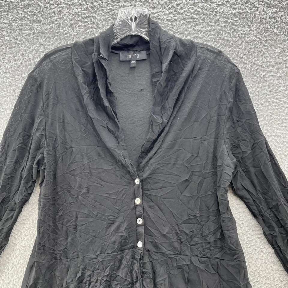 Comfy USA Shirt Women Large Black Crinkle Sheer Button Front Tunic Art Lagenlook - Image 2 of 4