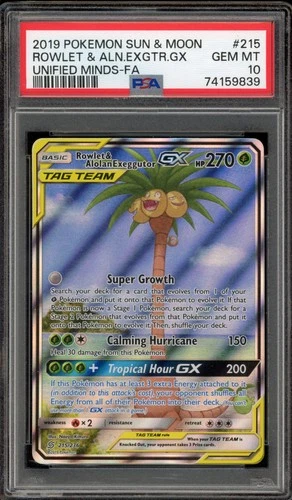 Pokemon Rowlet & Alolan Exeggutor GX Unified Minds Full Art #215 PSA 10 Gem Mint