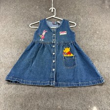 VINTAGE Winnie The Pooh Dress Youth Girls 6X Blue Denim Piglet Embroidered 90s
