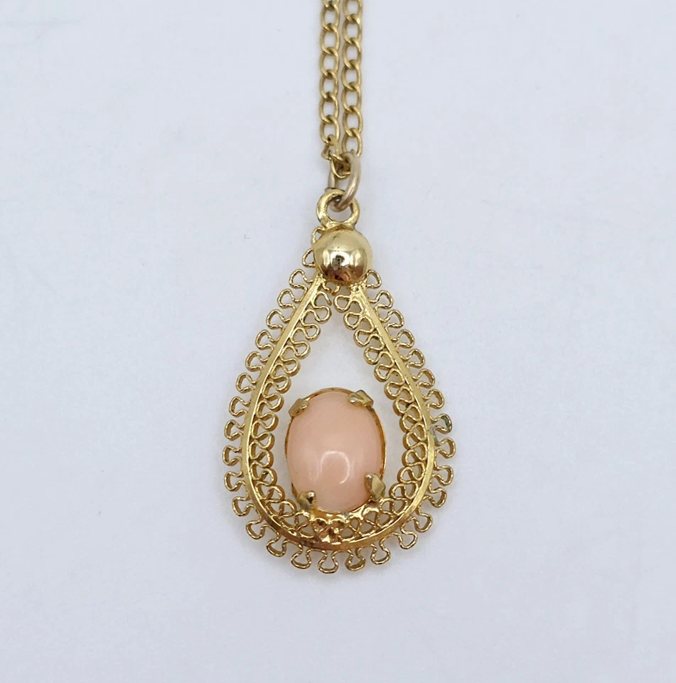 Collar Colgante Coral Piel de Ángel Lleno Oro 12K Filigrana Rosa Lágrima Foto 3 de 4