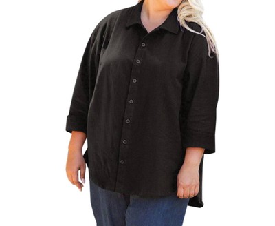 On The Plus Side 3/4 Sleeve Crinkle Cotton Long Sleeve Button Up - Plus Black
