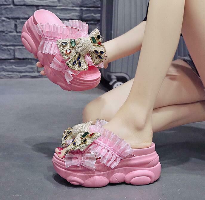 PANTOFOLA D’ORO Ciabatte donna estive con fiocco punta aperta plateau zeppa alta spiaggia casual