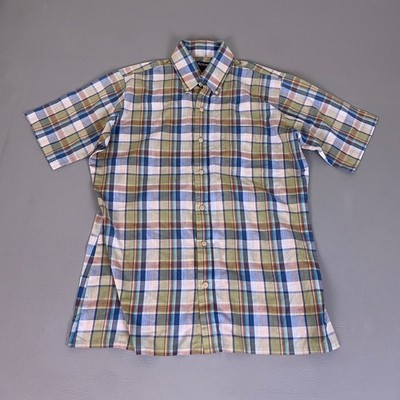Arrow Sportswear Button Down Shirt Mens Medium Short Sleeve Plaid Blue Green Tan