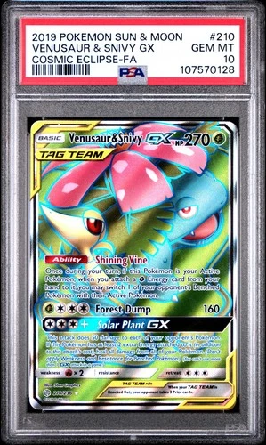 PSA 10 Venusaur & Snivy GX #210 Full Art - 2019 Cosmic Eclipse Tag Team 210/236
