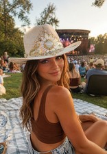 It's A Julee Ivory Straw Western Cowboy Hat Concho Pearl Stud Bling Cowgirl